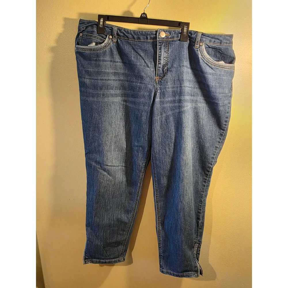 CJ Banks Women 20W Blue Denim Ankle Zip Cropped Jeans Plus Size Medium Wash - Picture 1 of 5